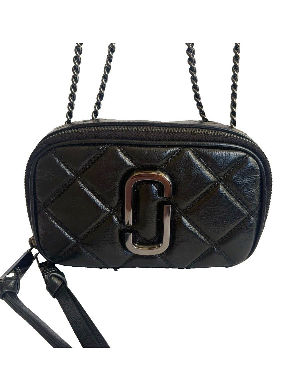 Marc Jacobs Black Small Quilted Leather Crossbody Zip Chain Strap Black HW